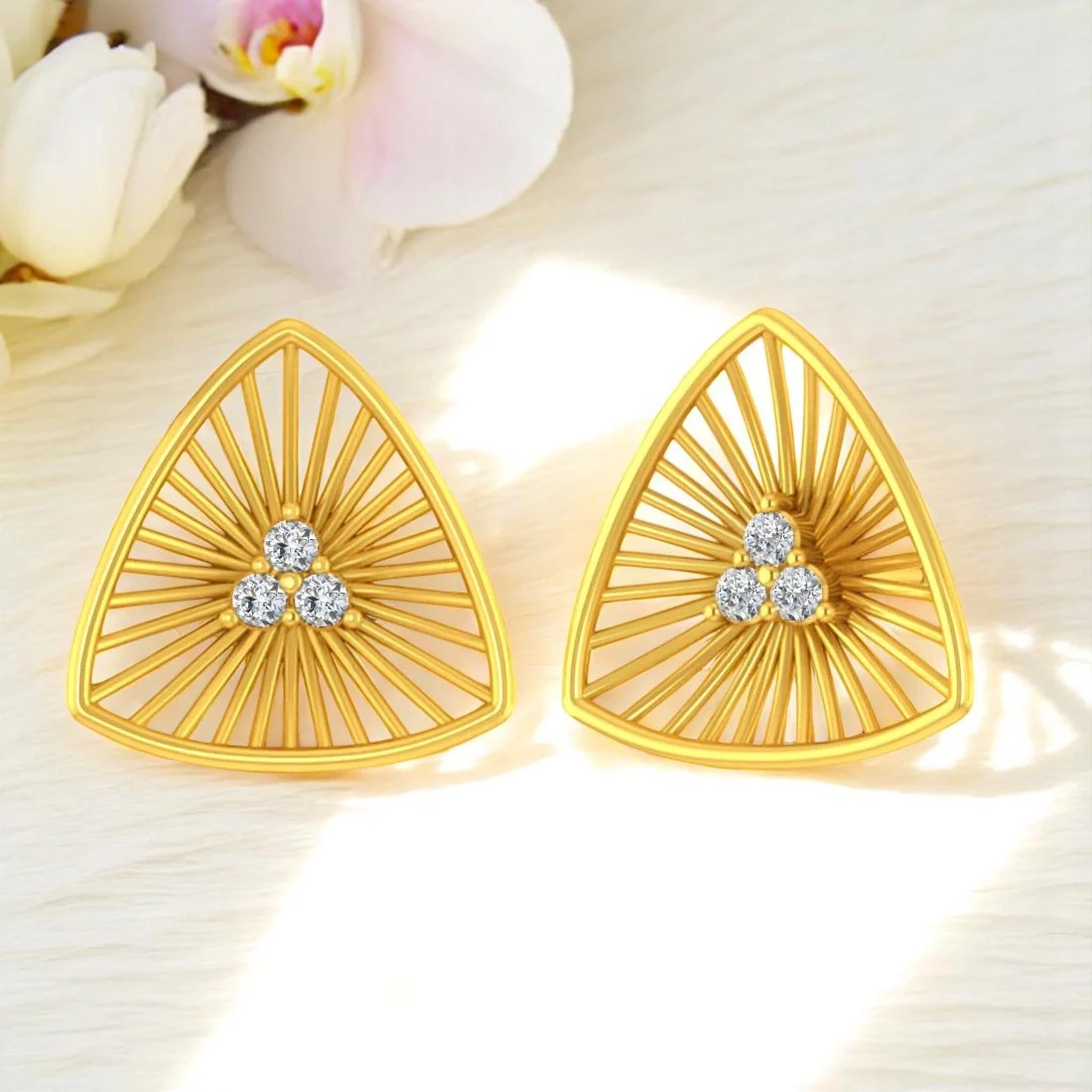 14K Gold Triangle Modern Geometric Stud Earrings with Certified Natural Diamond Accents