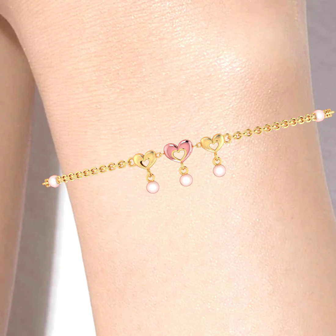 14k Gold Triple Dangling Hearts Bracelet - Image 6