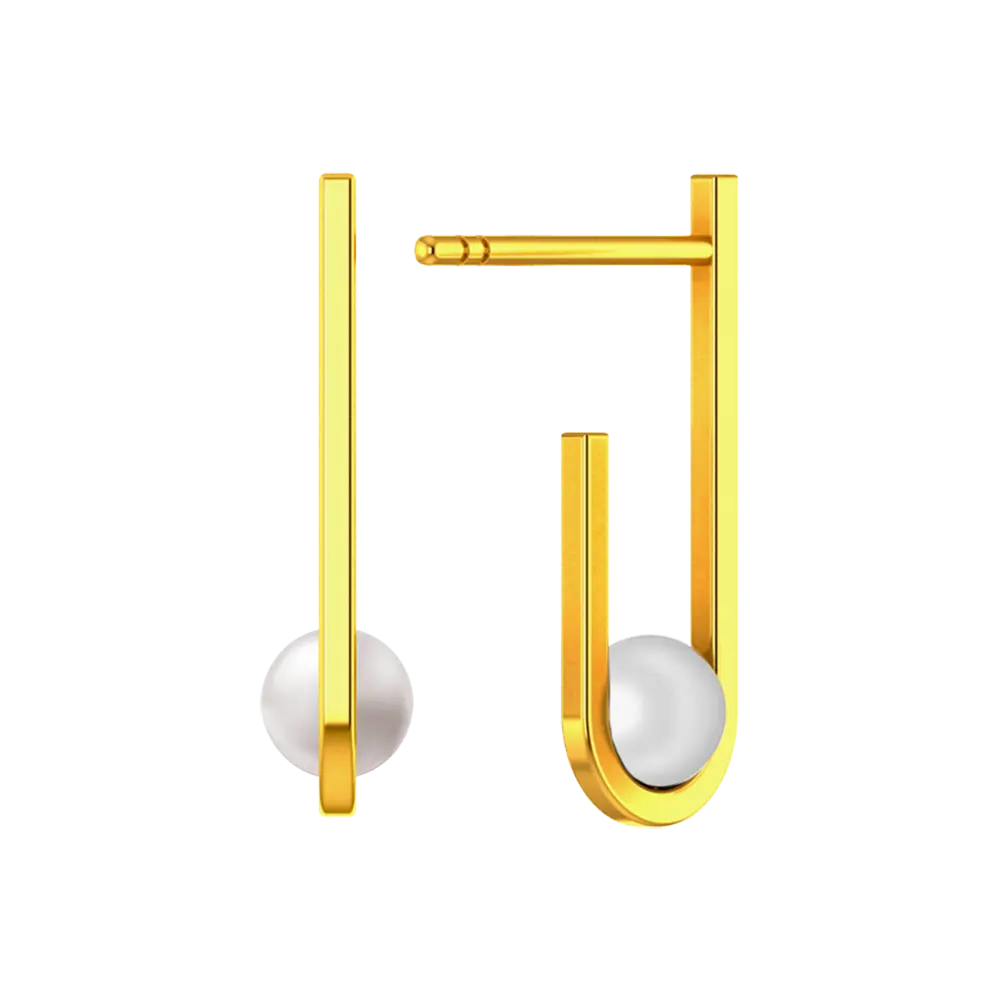 14k Gold Unique Shaped Earrings With Pearl - Image 2