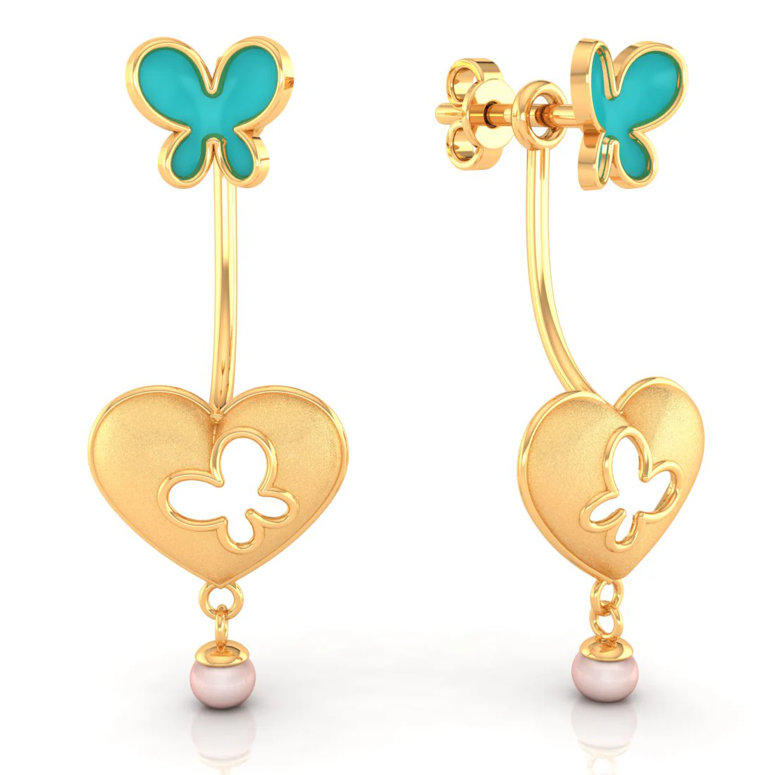 14k Heart-shaped Dangler Gold Earrings With Butterflies And Pearl Drop - Image 2