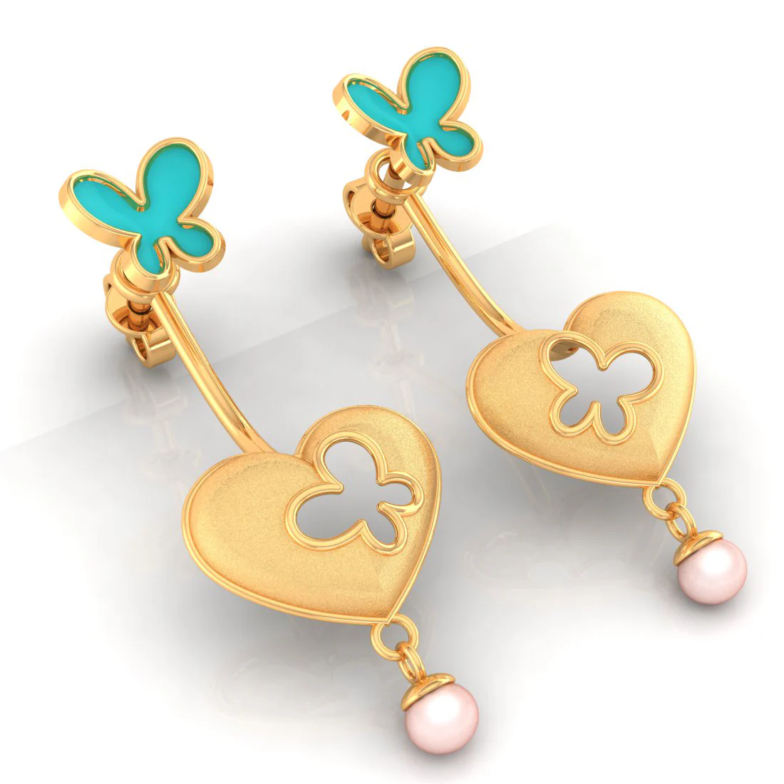 14k Heart-shaped Dangler Gold Earrings With Butterflies And Pearl Drop - Image 3