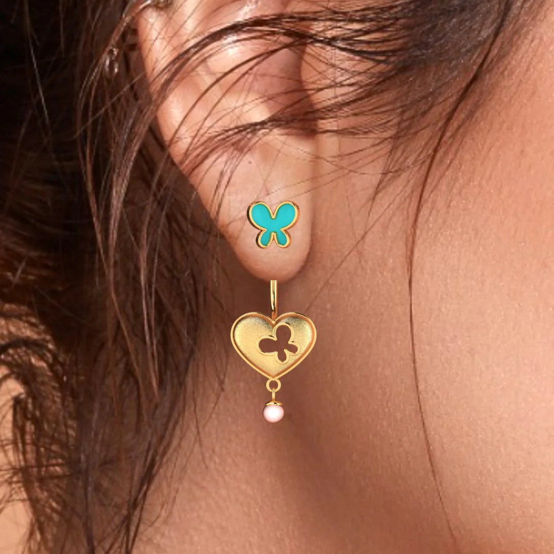 14k Heart-shaped Dangler Gold Earrings With Butterflies And Pearl Drop - Image 5