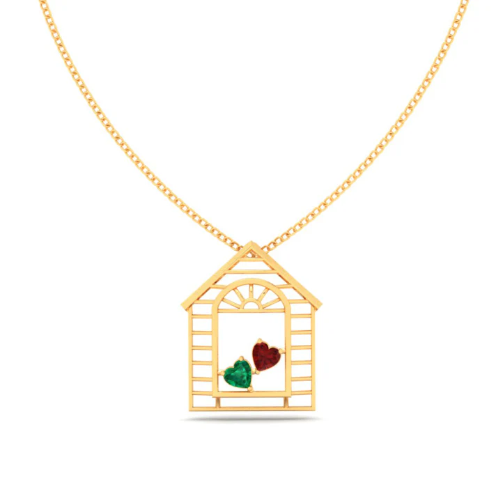 14k Home Shape Gold Pendant With Two Heart Shape Stones From Amazea Collection - Image 4