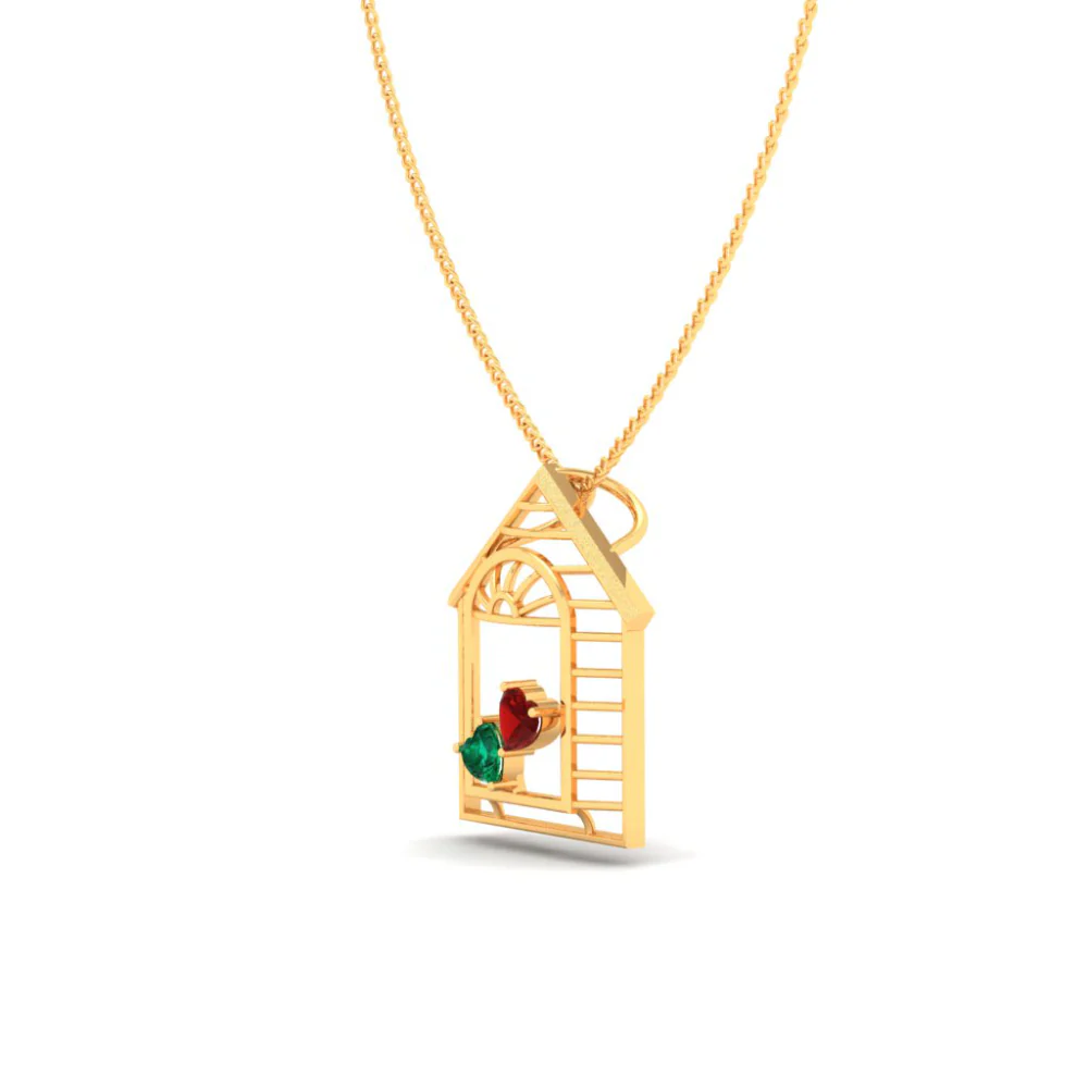 14k Home Shape Gold Pendant With Two Heart Shape Stones From Amazea Collection - Image 5