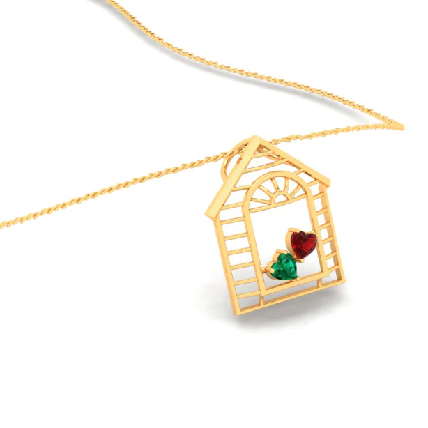 14k Home Shape Gold Pendant With Two Heart Shape Stones From Amazea Collection - Image 7