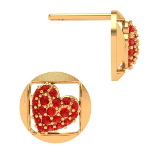 14k Red Stone Embossed Heart Themed Yellow Gold Earrings - Image 3