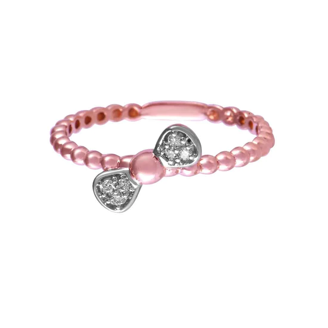 14K Rose Gold Ring With A Beaded Texture And A Bow-shaped Design With Diamond Accents - Image 2