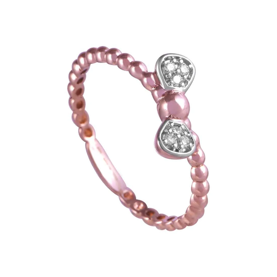 14K Rose Gold Ring With A Beaded Texture And A Bow-shaped Design With Diamond Accents - Image 3