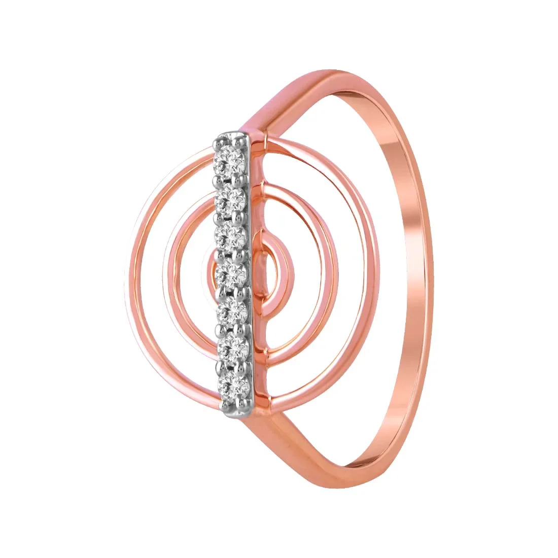 14K Rose Gold Ring With Concentric Circles And A Diamond-studded Bar In The Centre