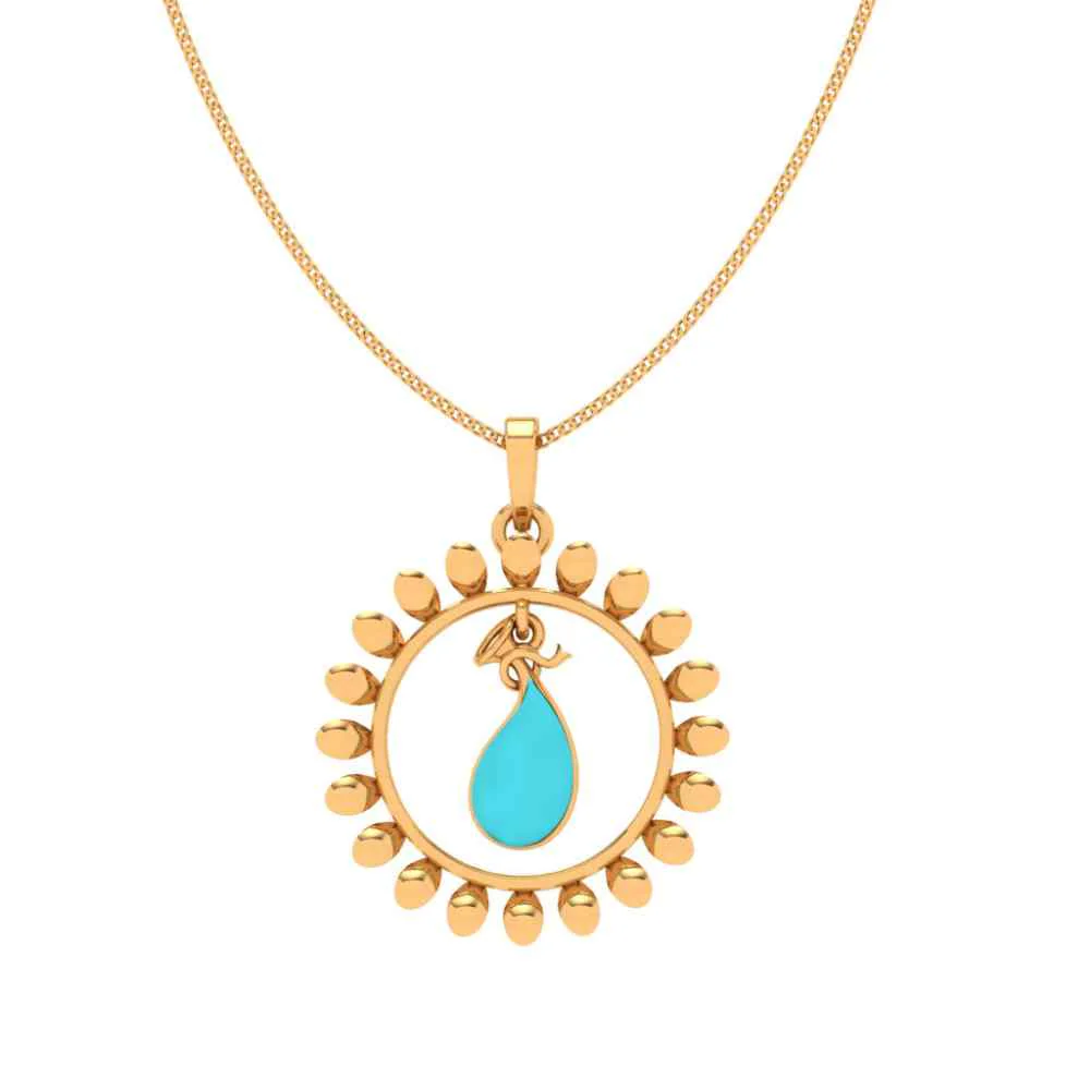 14k Sun Shaped Blue Stone Studded Gold Pendant - Image 4