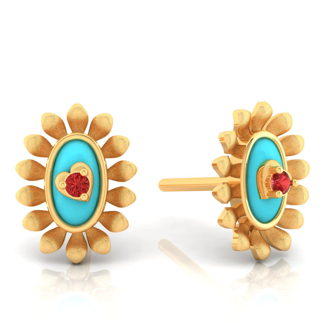 14k Sunflower Designed Gold Earrings With A Heart In The Center - Image 2
