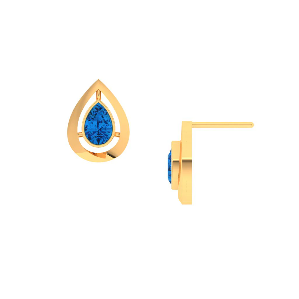 14k Tear Drop Gold Stud Earrings With Blue Stone - Image 2