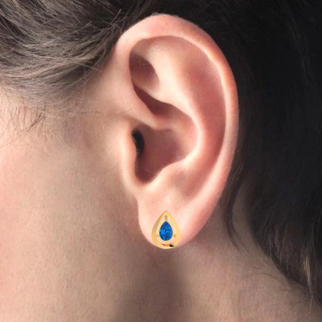14k Tear Drop Gold Stud Earrings With Blue Stone - Image 4