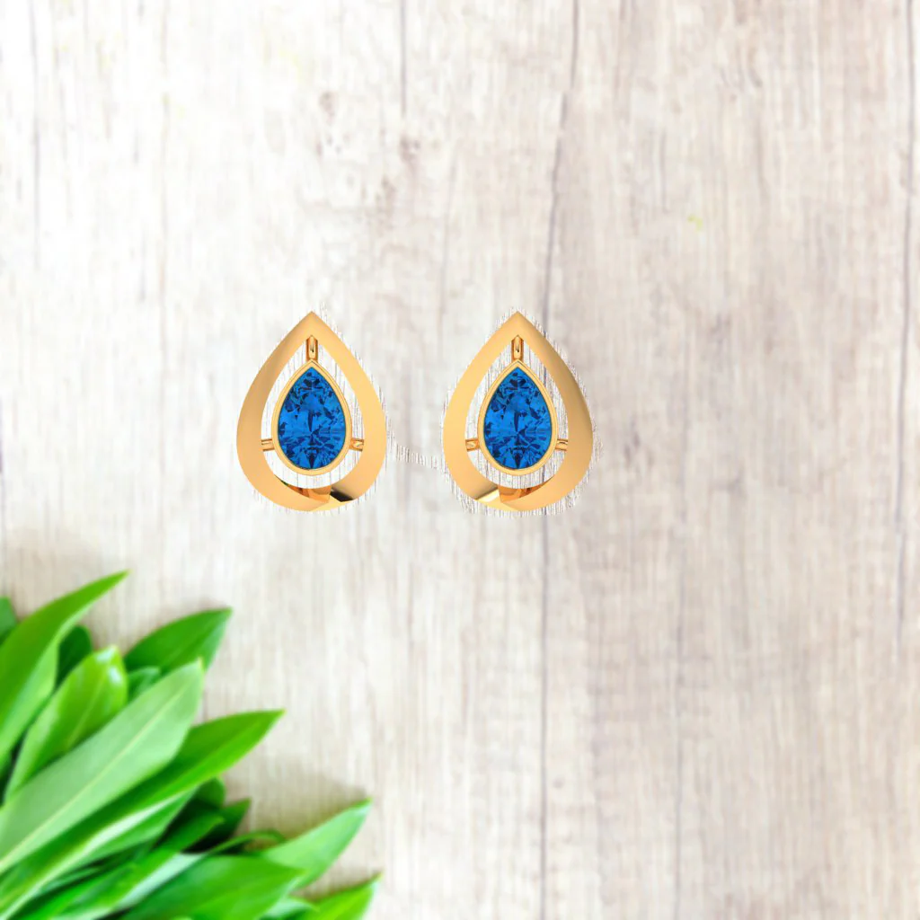 14k Tear Drop Gold Stud Earrings With Blue Stone - Image 5