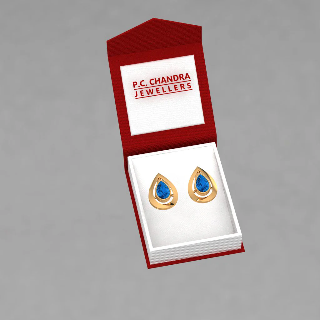 14k Tear Drop Gold Stud Earrings With Blue Stone - Image 6