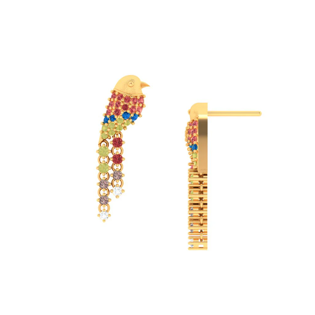 14k Unique Bird-shaped Gold Earrings Embedded With Multi-colour Stones - Image 2
