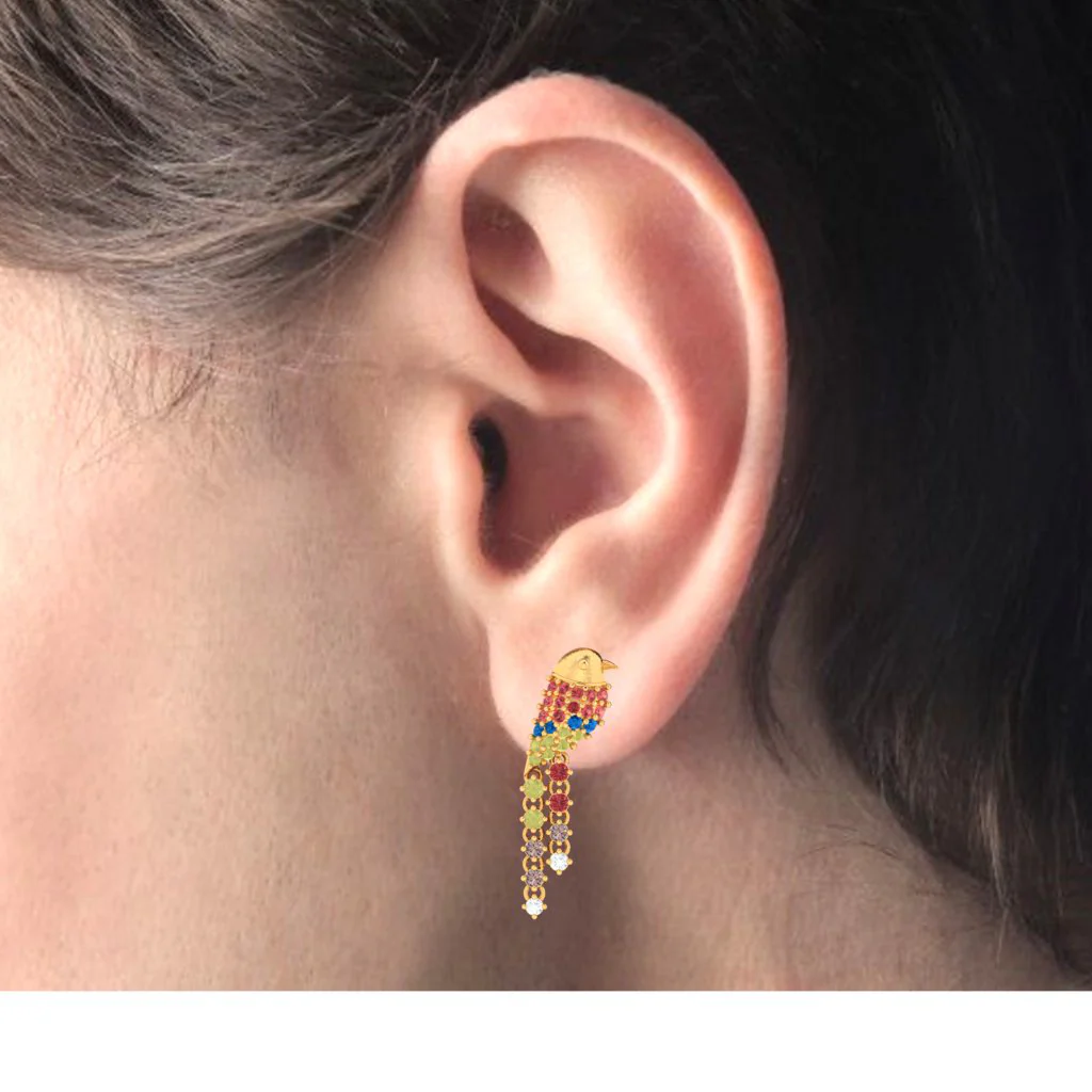 14k Unique Bird-shaped Gold Earrings Embedded With Multi-colour Stones - Image 4