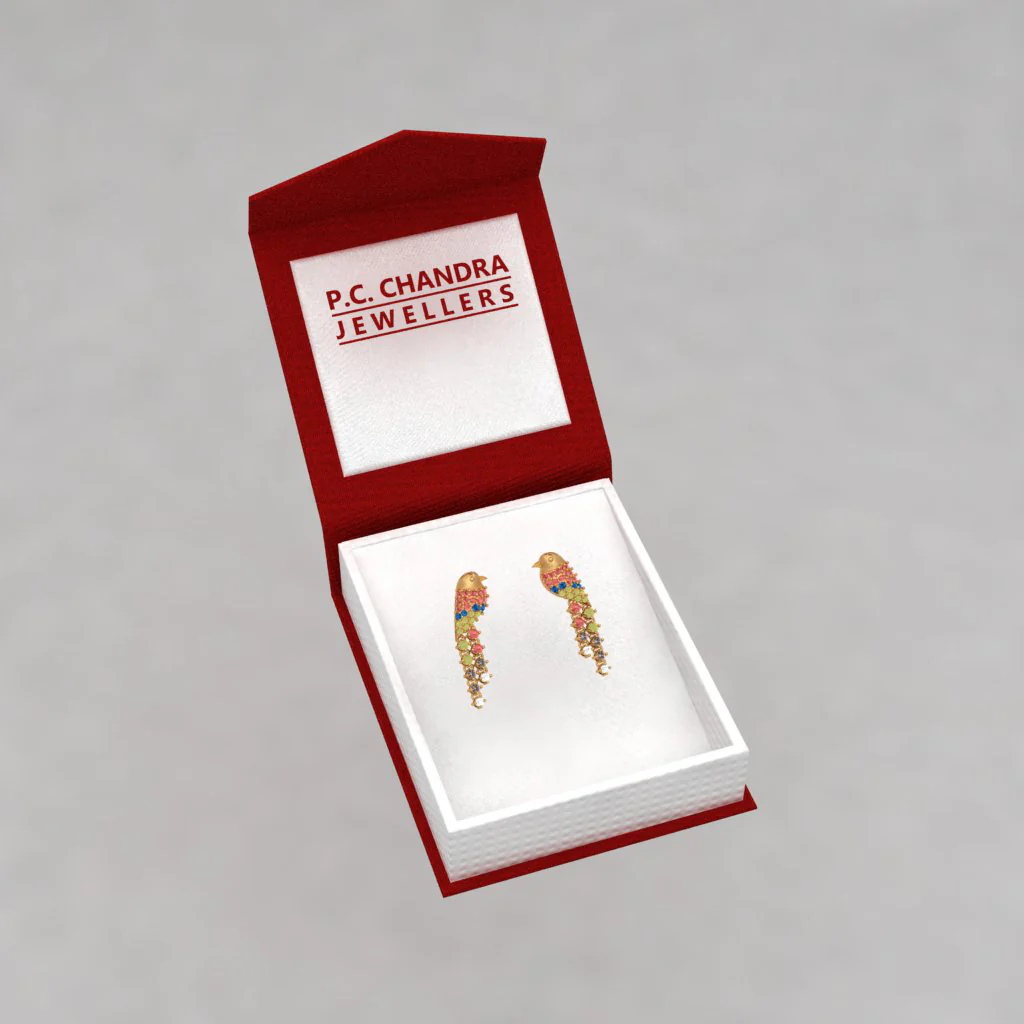 14k Unique Bird-shaped Gold Earrings Embedded With Multi-colour Stones - Image 5