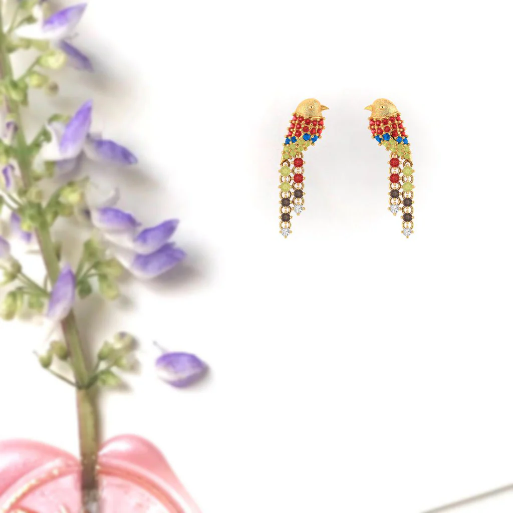 14k Unique Bird-shaped Gold Earrings Embedded With Multi-colour Stones - Image 6