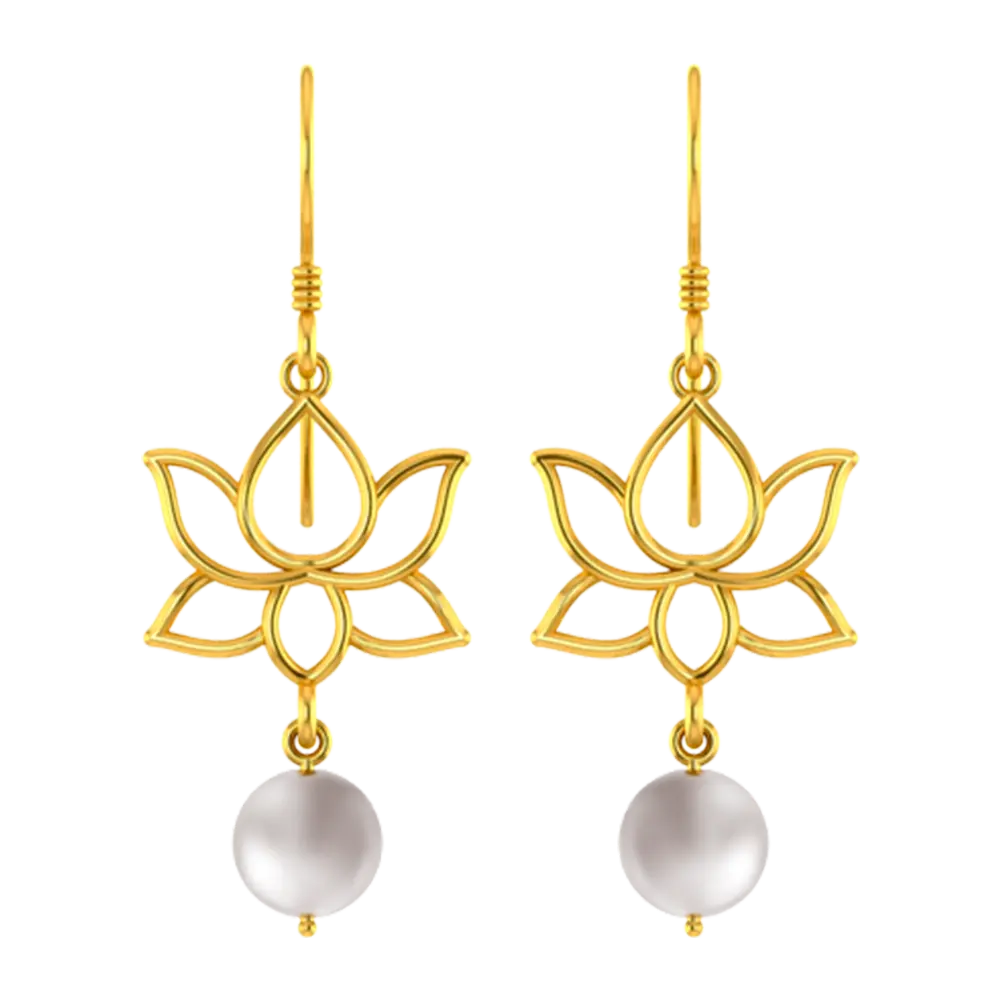 14k Unique Earrings With Gold Lotus Design And A Hanging Pearl