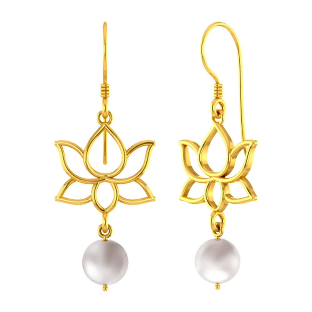 14k Unique Earrings With Gold Lotus Design And A Hanging Pearl - Image 2