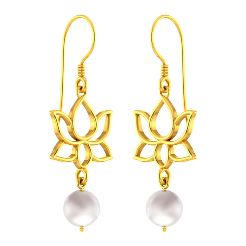 14k Unique Earrings With Gold Lotus Design And A Hanging Pearl - Image 3