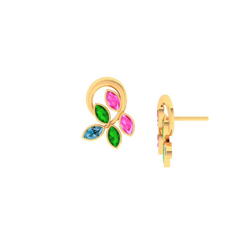 14k Uniquely Shaped Leafy Gold Stud Earrings With Multi-coloured Stones - Image 2
