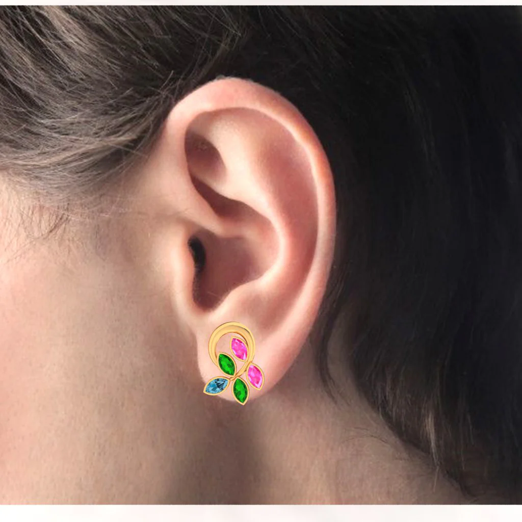 14k Uniquely Shaped Leafy Gold Stud Earrings With Multi-coloured Stones - Image 4