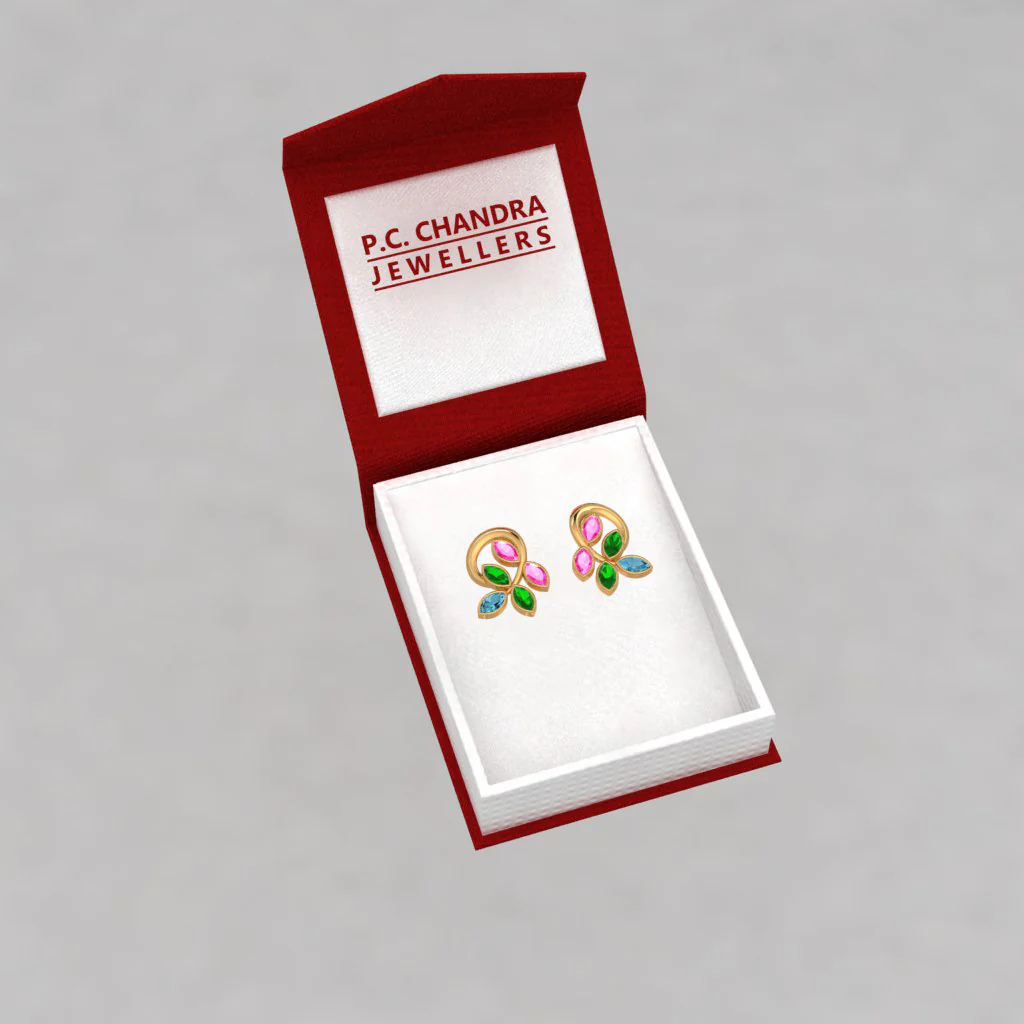 14k Uniquely Shaped Leafy Gold Stud Earrings With Multi-coloured Stones - Image 5
