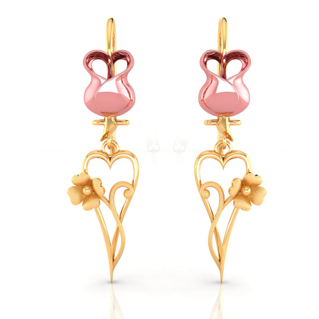 14k Yellow With Long Heart And Flower Gold Earrings - Image 2
