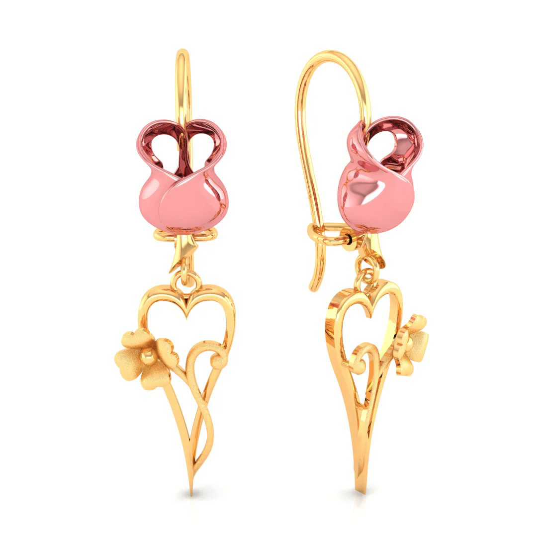14k Yellow With Long Heart And Flower Gold Earrings - Image 3