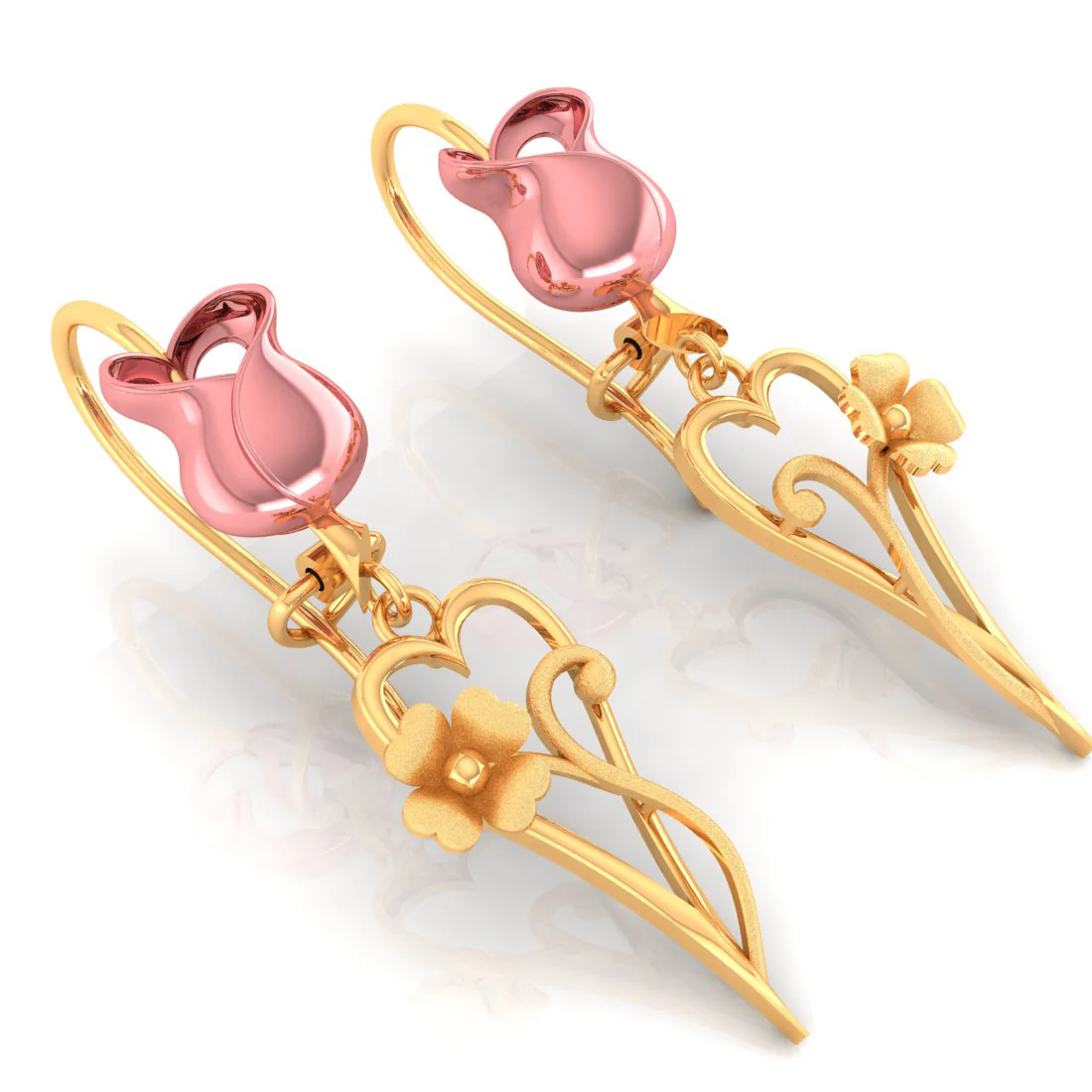 14k Yellow With Long Heart And Flower Gold Earrings - Image 4
