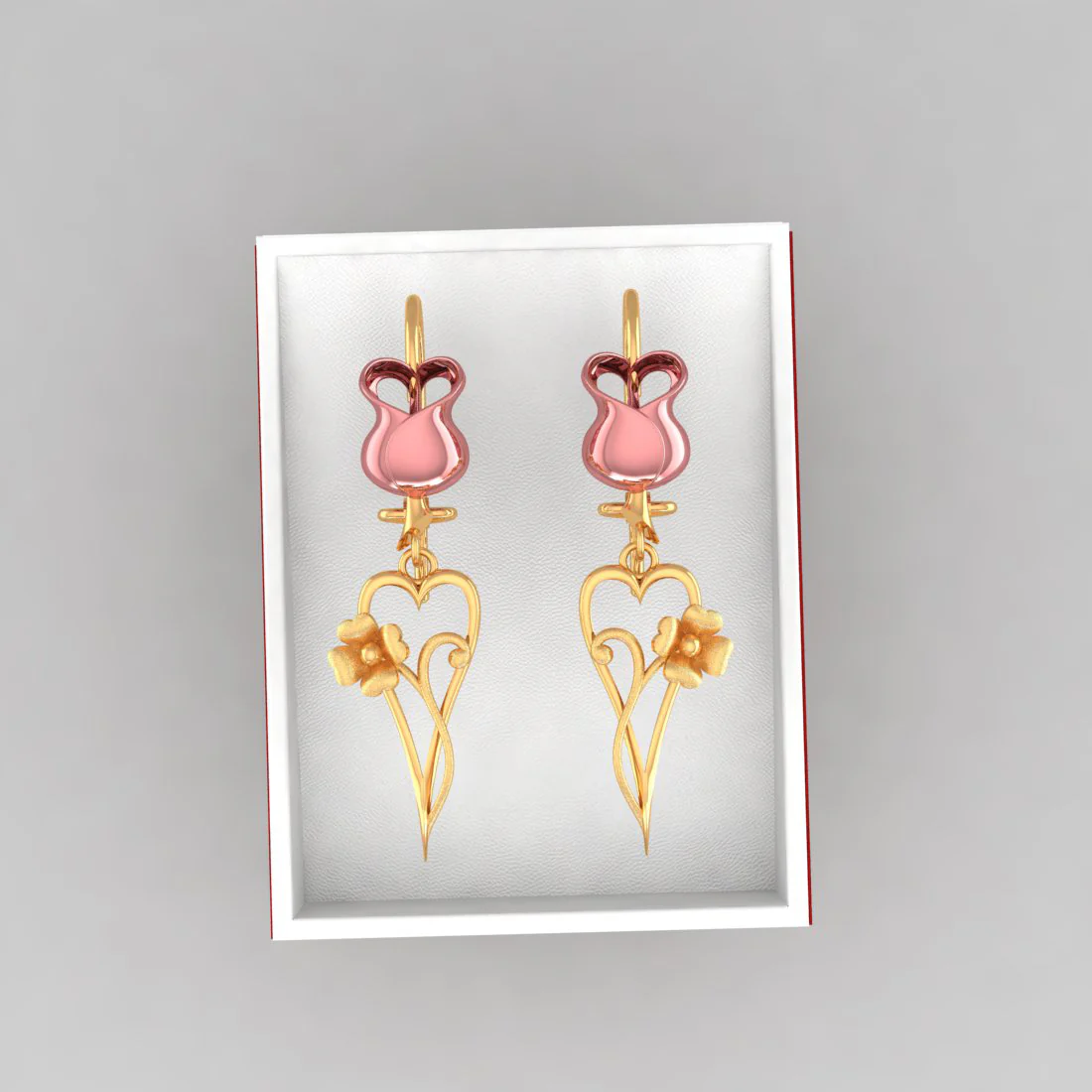 14k Yellow With Long Heart And Flower Gold Earrings - Image 6
