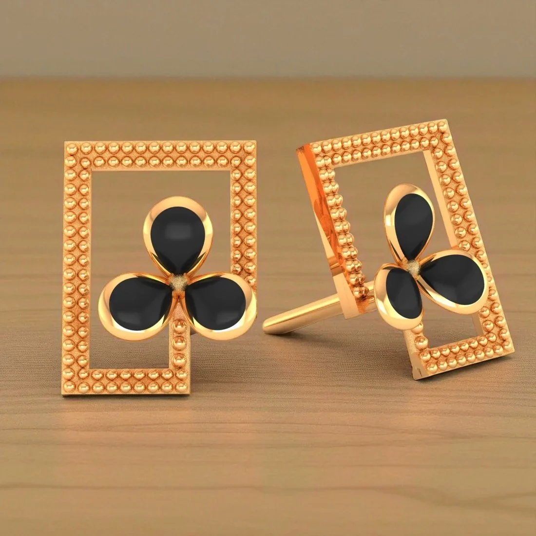 14KT (585) BIS Hallmark Gold Noir Clover Stud Earrings for Women