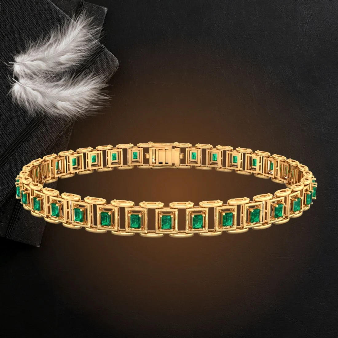 14KT (585) Men's  Green Stone Classic Baguette Design Bracelet - Image 5