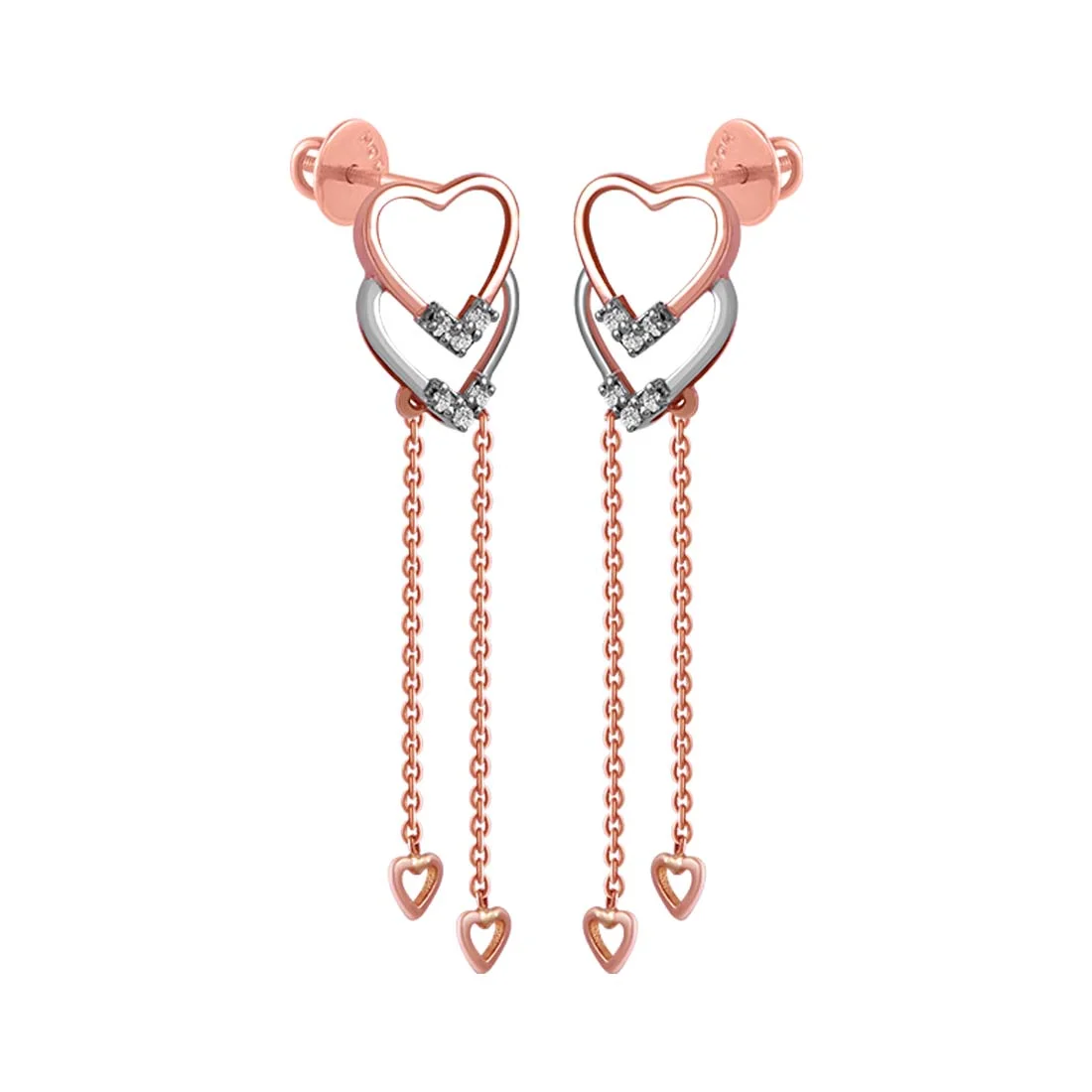 14KT (585) Rose Gold & Diamond Heart Drop Earrings - Image 3