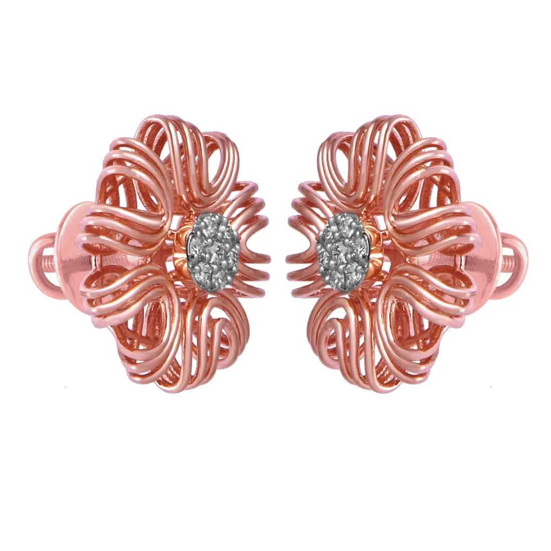 14KT (585) Rose Gold & Diamond Intricate Floral Stud Earrings - Image 2