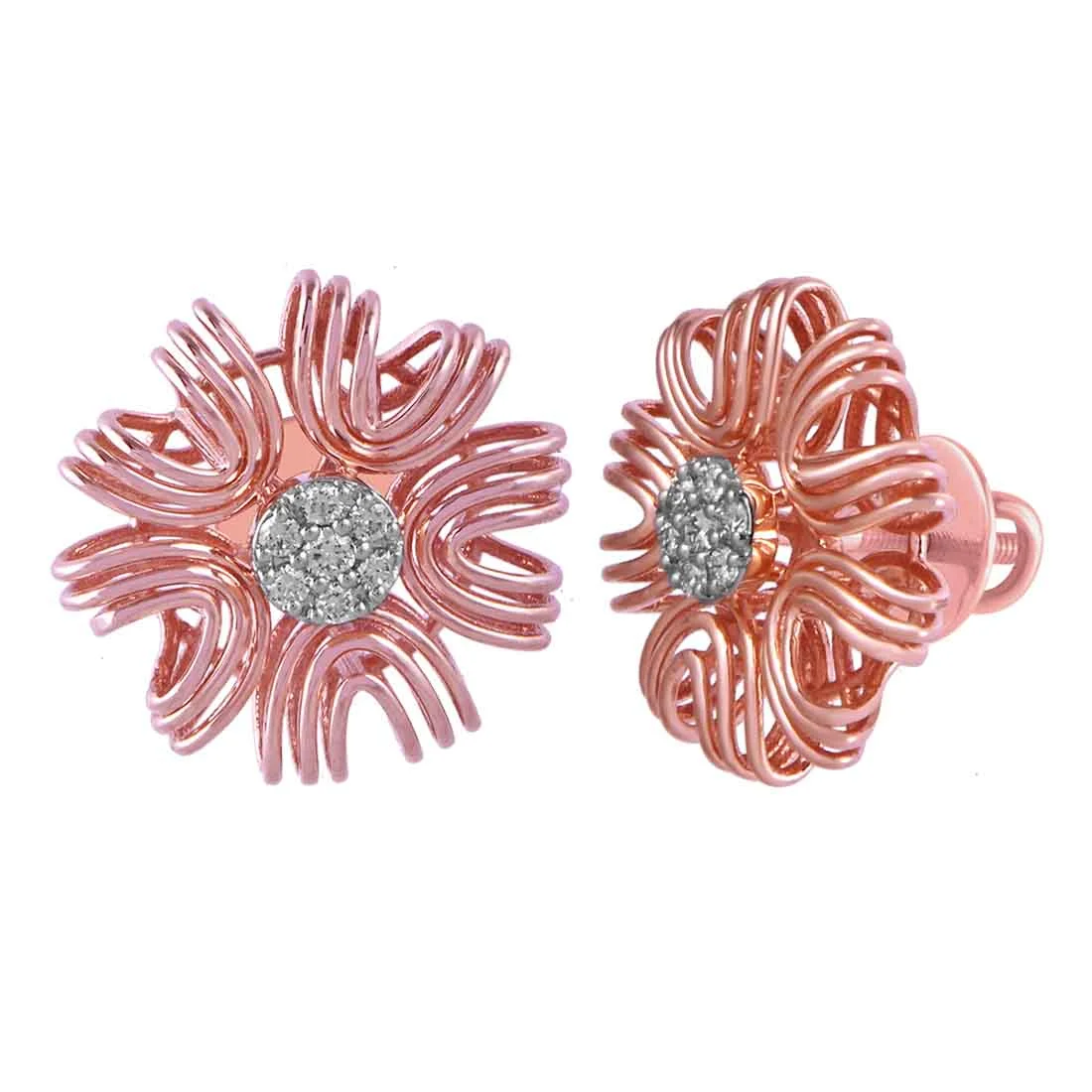 14KT (585) Rose Gold & Diamond Intricate Floral Stud Earrings - Image 3