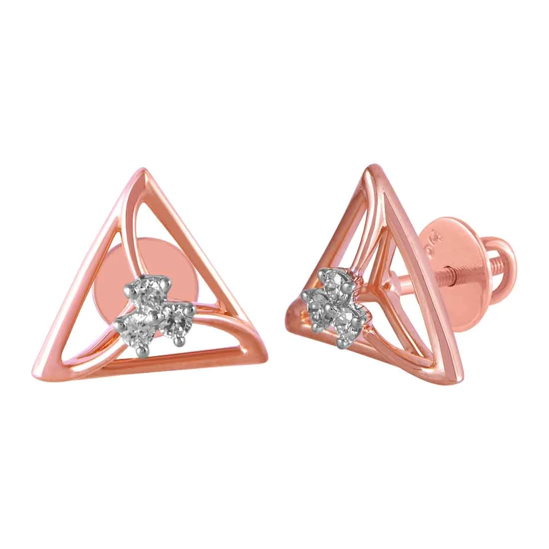 14KT (585) Rose Gold & Diamond Triangle Shaped Stud Earrings - Image 2