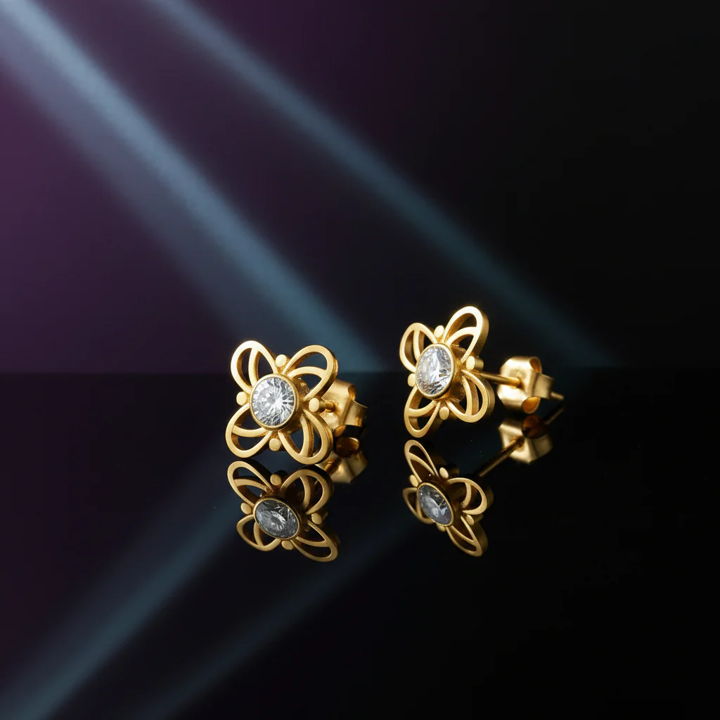 14KT (585) Yellow Gold And American Diamond Stud Earrings For Women - Image 3