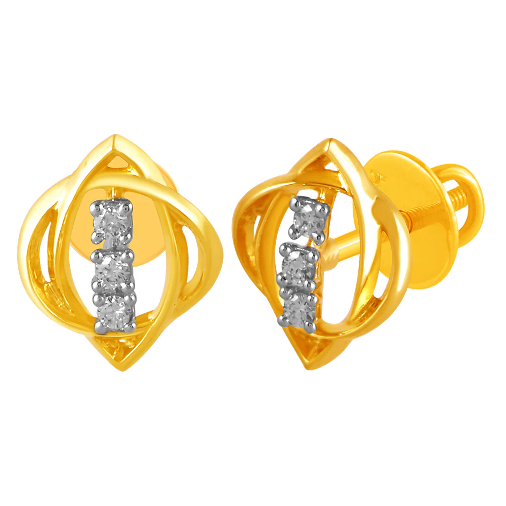 14KT (585) Yellow Gold & Diamond Abstract Shaped Stud Earrings - Image 3
