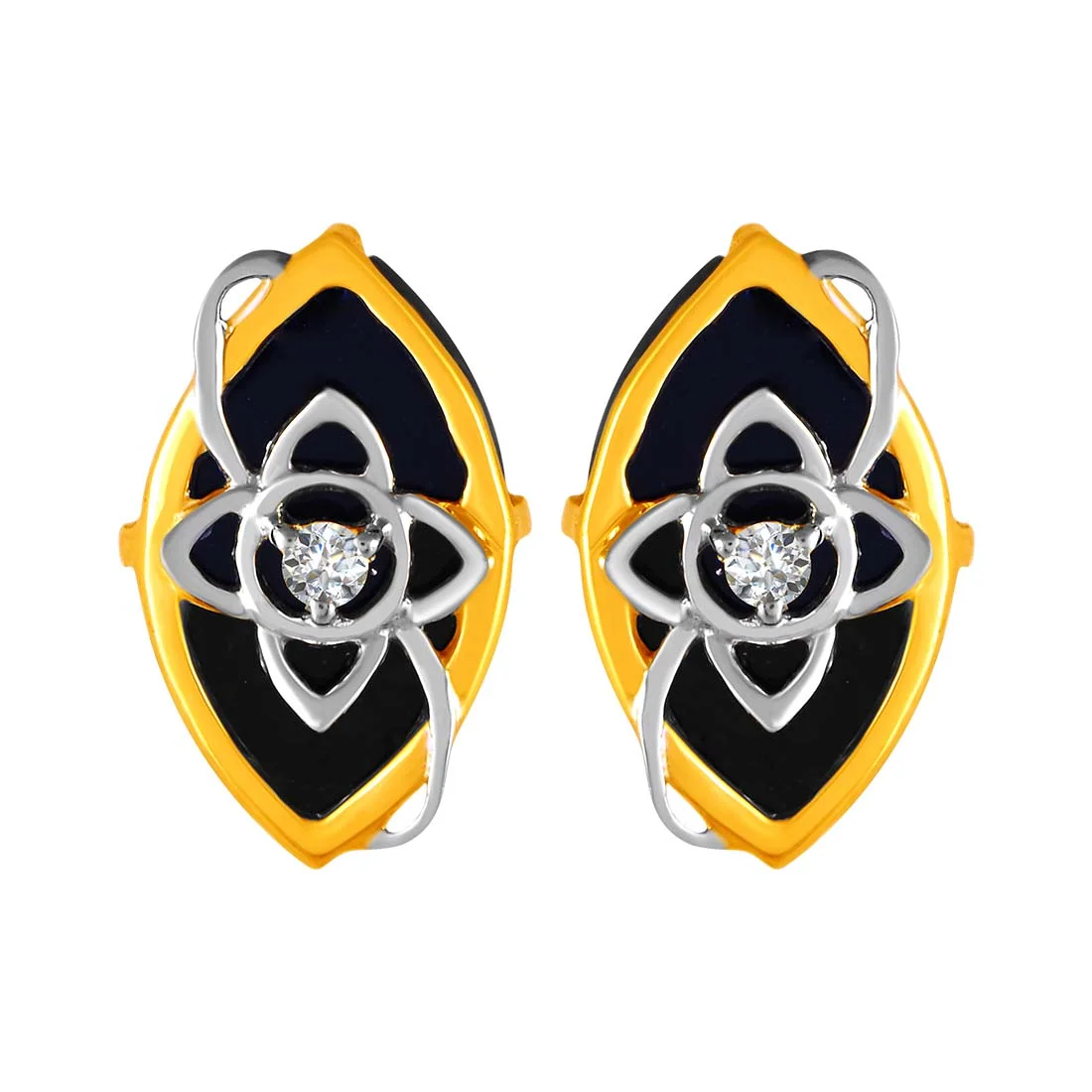 14KT (585) Yellow Gold & Diamond Black Leaf Stud Earrings