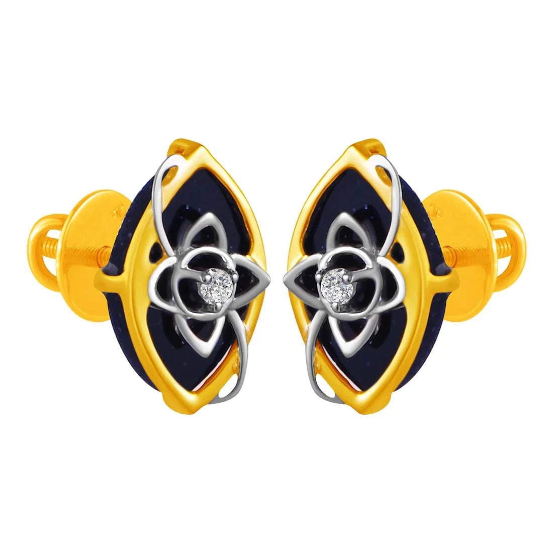 14KT (585) Yellow Gold & Diamond Black Leaf Stud Earrings - Image 2