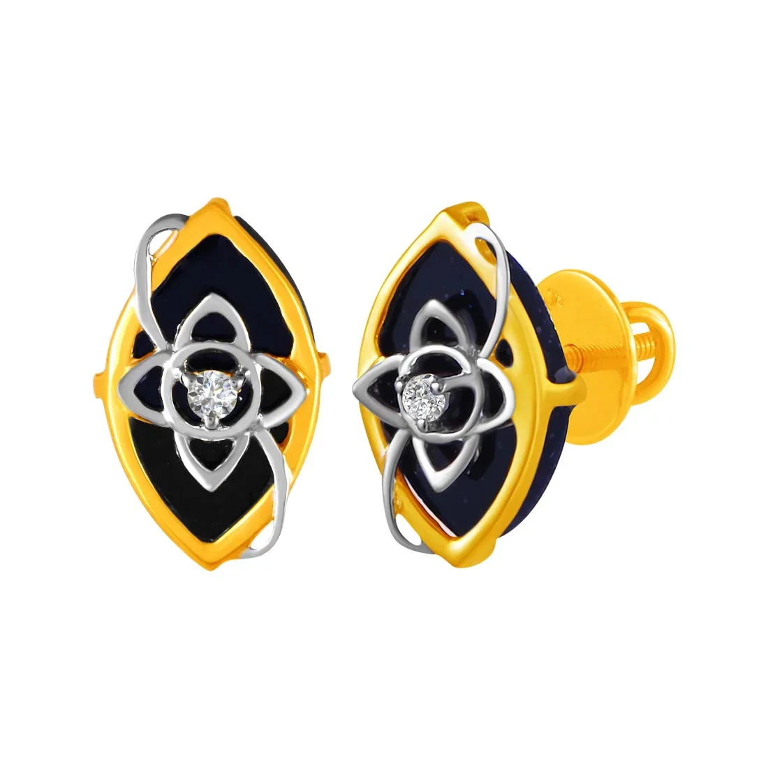 14KT (585) Yellow Gold & Diamond Black Leaf Stud Earrings - Image 3