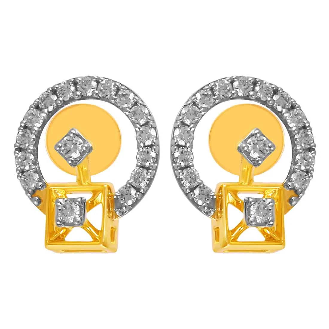 14KT (585) Yellow Gold & Diamond Circular Design Stud Earrings