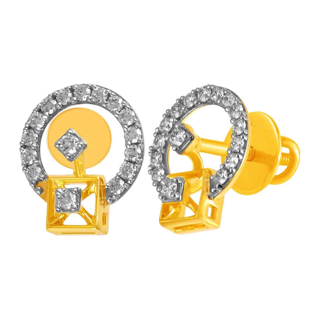 14KT (585) Yellow Gold & Diamond Circular Design Stud Earrings - Image 2