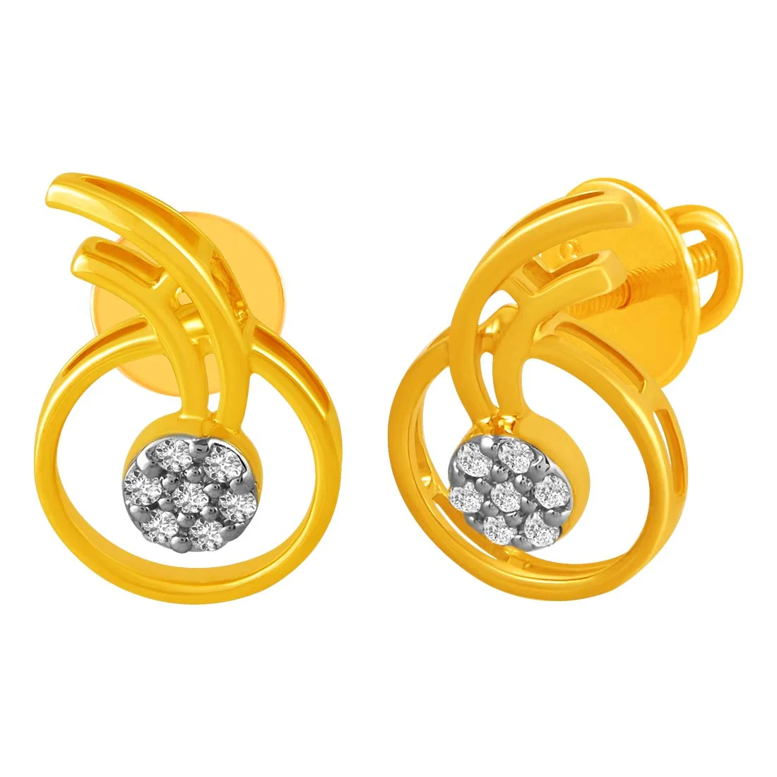 14KT (585) Yellow Gold & Diamond Curved Line Detailing Studs Earrings - Image 3