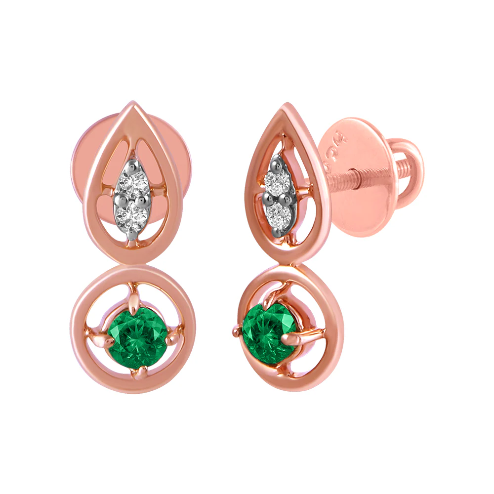 14KT (585) Yellow Gold & Diamond Earrings with Green Stone Detailing - Image 3
