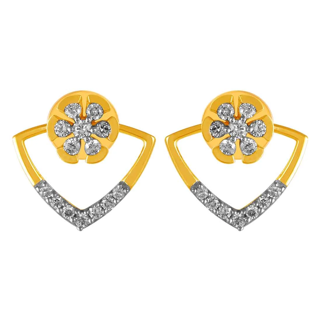 14KT (585) Yellow Gold & Diamond Floral Design Stud Earrings