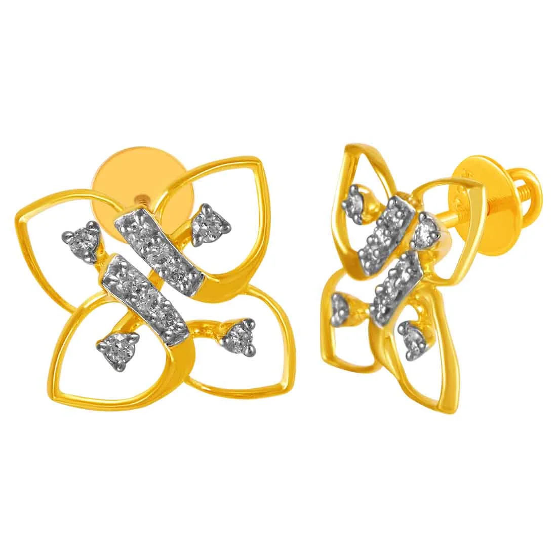 14KT (585) Yellow Gold & Diamond Floral Stud Earrings - Image 2